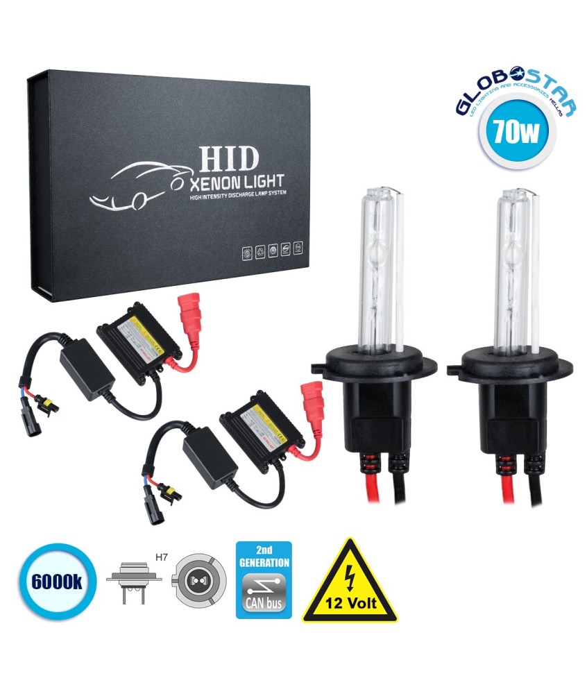 GloboStar® 84103 H7 CB Line KIT Βασικού Φωτισμού Αυτοκινήτου & Μοτοσυκλέτας 2nd Generation Can-Bus Series XENON 70W 6400lm DC 9-16V Αδιάβροχο IP65 Ψυχρό Λευκό 6000K